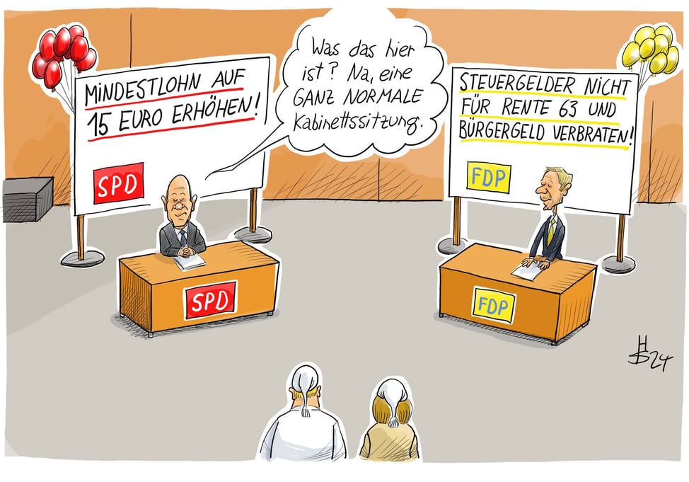 Scholz : "C'est un conseil des ministres tout à fait normal". Derrière lui, on peut lire "augmentation du smic horaire à 15 Euros". Derrière le ministre des Finances : "Pas de recettes fiscales pour la retraite à 63 ans et une aide sociale dispendieuse" 