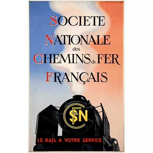 Première affiche de la SNCF avec son logo d'époque, réalisée par les Éditions Paul Martial. Crédits : SNCF.