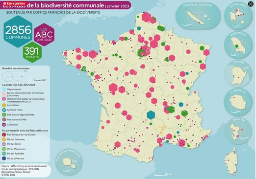 Carte de janvier 2023 des Atlas de la Biodiversité Communale soutenus par l'OFB