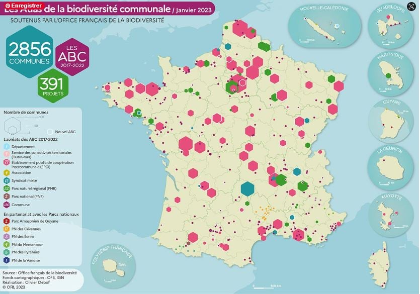 Carte de janvier 2023 des Atlas de la Biodiversité Communale soutenus par l'OFB
