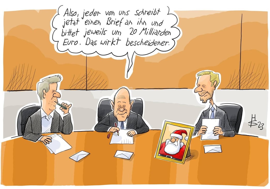 Scholz (à côté du vert Habeck et du libéral Lindner) : "Bon, chacun lui envoie une lettre et demande vingt milliards d'Euros. ça sonne plus raisonnable"