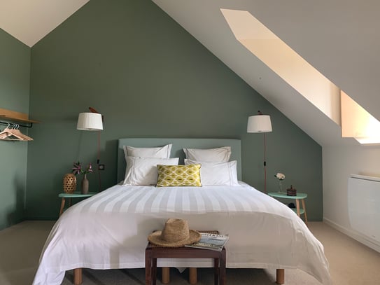 Chambre des Jardins de la Matz - couleur au mur : Card Room Green, Farrow & Ball