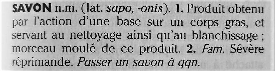 Voici la définition du mot "savon" trouvé dans mon dico Larousse de 2003.