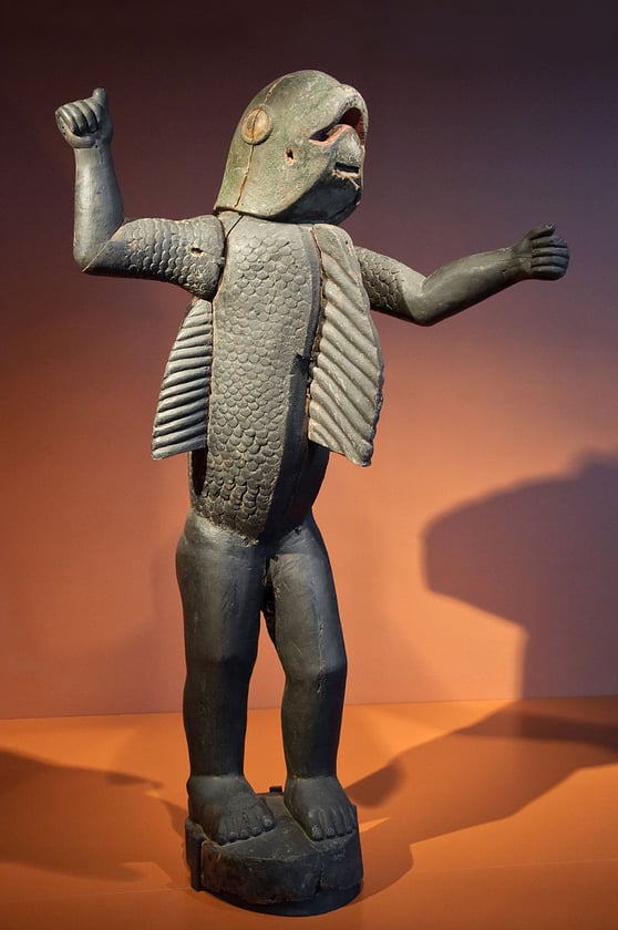 Statue royale bocchio mi-homme ; mi-requin du roi Béhanzin [1090-1094], faisant partie des 26 trésors royaux d'Abomey (Bénin) restitués par la France en 2021