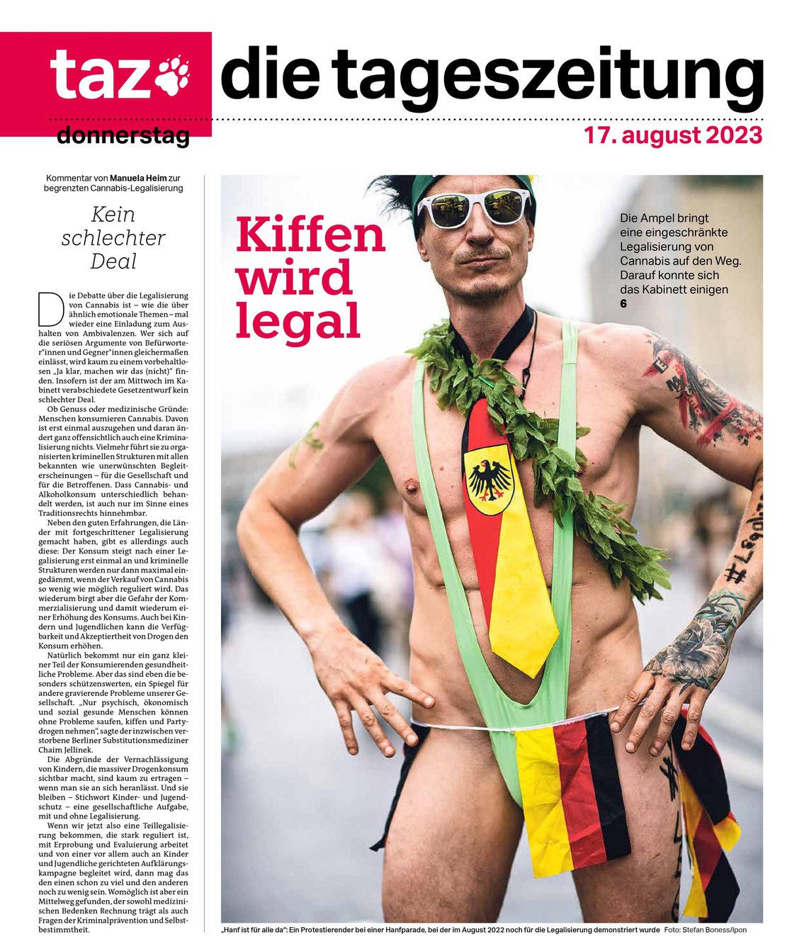 La une du quotidien de gauche "Tageszeitung" défenseur de la première heure d'une telle libéralisation "Fumer un joint devient légal"