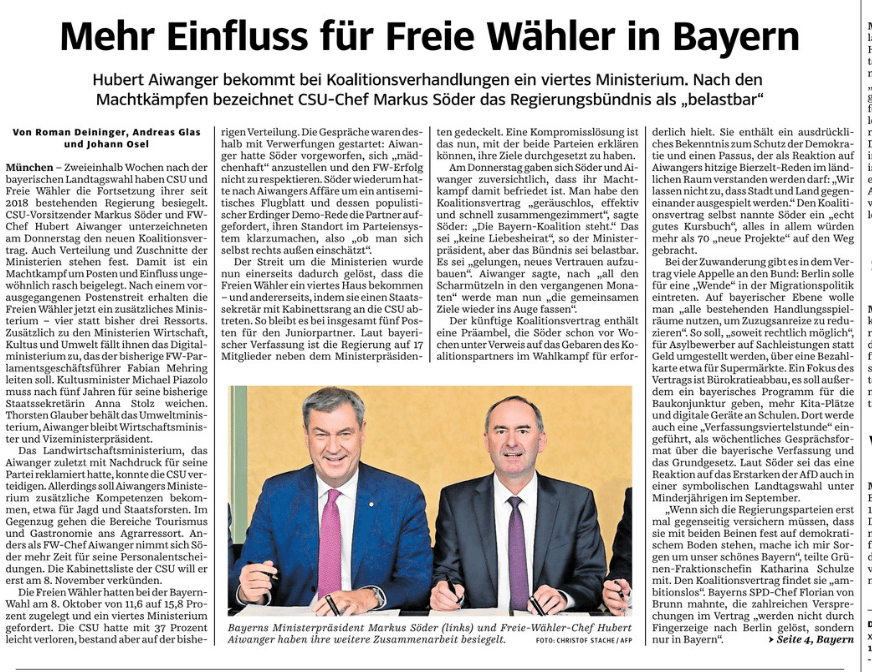 "Plus de poids pour les Freie Wähler en Bavière" (Süddeutsche Zeitung)