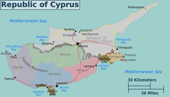L'Île de Chypre en 1960, avec les bases militaires anglaise d'Akrotiri et Dhekelia