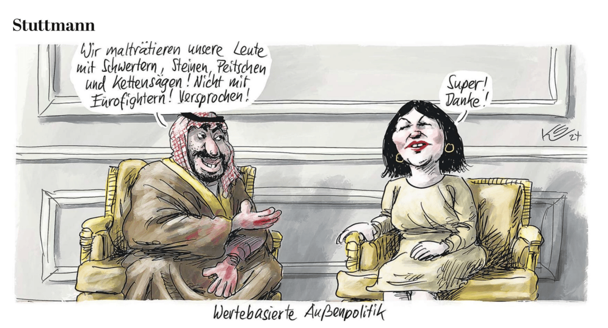 "Politique étrangère fondée sur les principes". "Nous maltraitons notre peuple avec des épées, des pierres, des fouets et des tronçonneuses ! Mais pas avec des Eurofighters ! Promis" "Super, merci !"