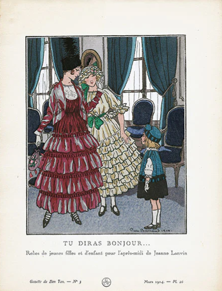 Gazette du Bon Ton - Tu diras bonjour robes d'après-midi de Jeanne Lanvin planche de Pierre Brissaud (n°3, 1914). Crédits : Diktats