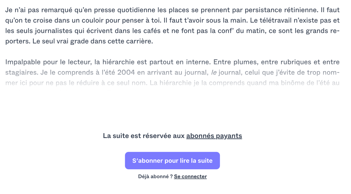 Dans Glory Box, la newsletter de Charlotte Moreau, le paywall apparait à environ 20-30% de lecture du texte. 
