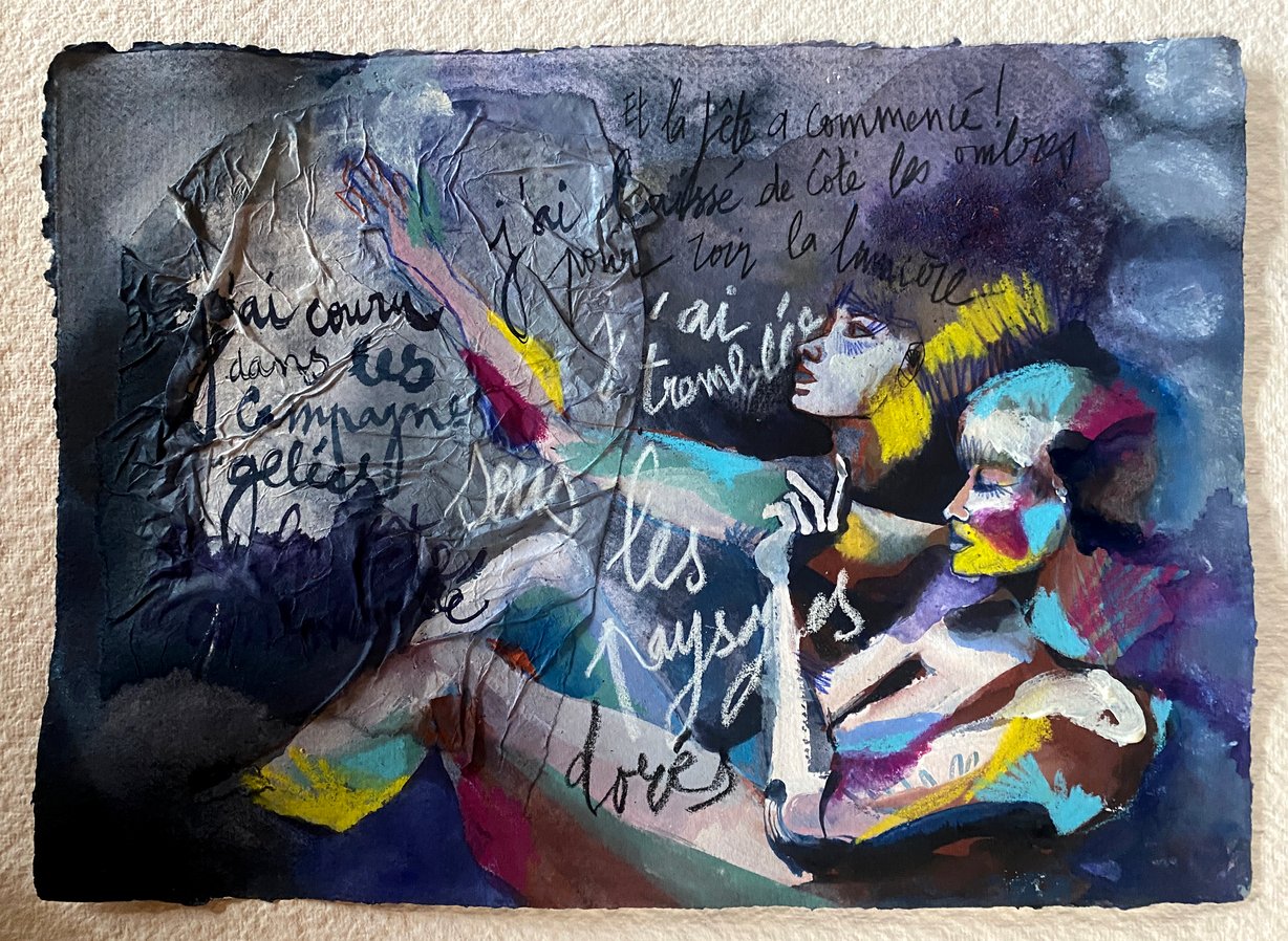 Une oeuvre poème - que la fête commence mon corps - oeuvre sur papier. Il y a un poème qui va avec.