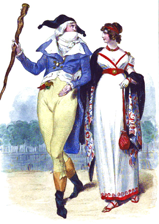 Dessin de Henri Baron gravé par Léopold Massard en 1843 figurant un couple d'Incroyable et de Merveilleuse