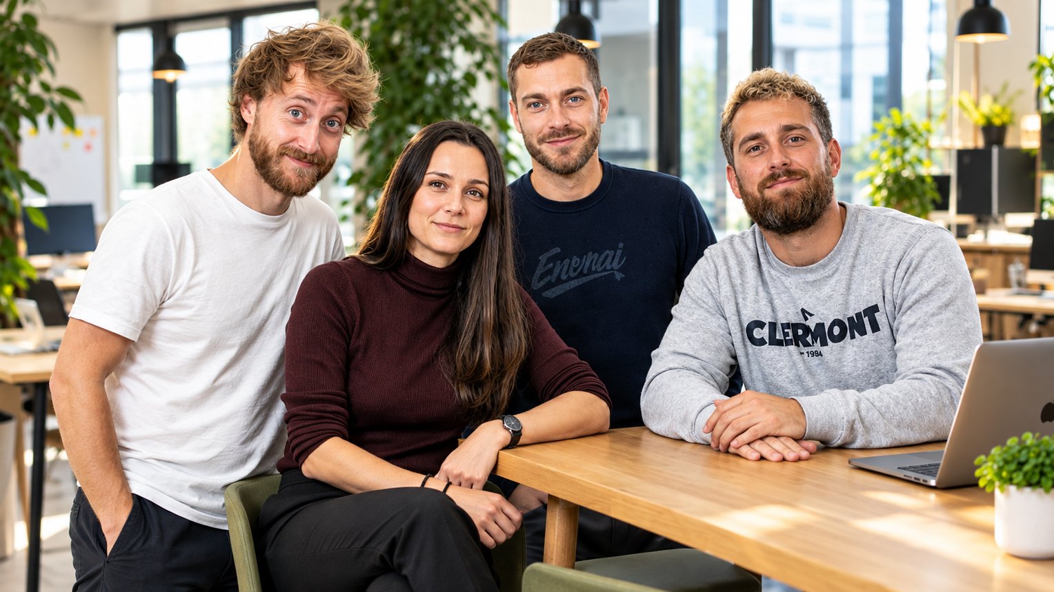 Phalange commerciale : Dorian Bayle, nouveau commercial à Lyon et Manon Soubeyrat, responsable commerciale toutes éditions, entre Adrien Coussonnet (fondateur) à droite et son associé, Nino Sinturel à gauche dont les vidéos sont… ébouriffantes. © DR