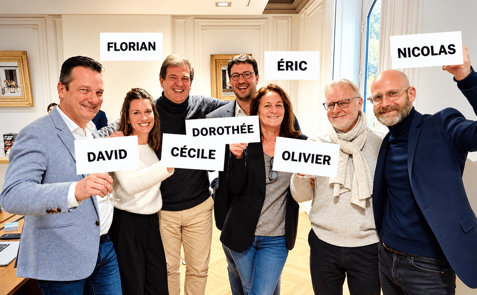 Florian (Grill) et Olivier (Delavoye), fondateurs de CoSpirit, avec leurs managers associés Eric (Boyer), David (Scalia), Dorothée (Caulier), Nicolas (Garet) et Cécile (Le Galès). © DR