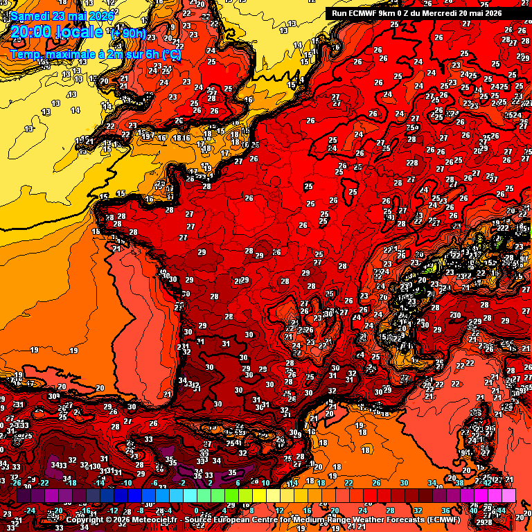 Les prévisions de température pour ce samedi 23 mai © Meteociel