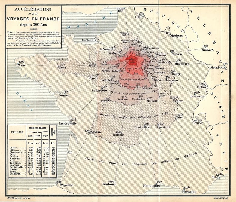 Carte de l'accélération des voyages en France depuis 200 ans (à 1898)