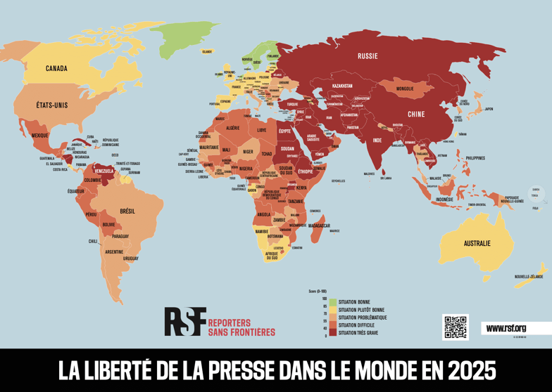 Cartographie de la liberté de l’état de la presse dans le monde en 2025. © RSF