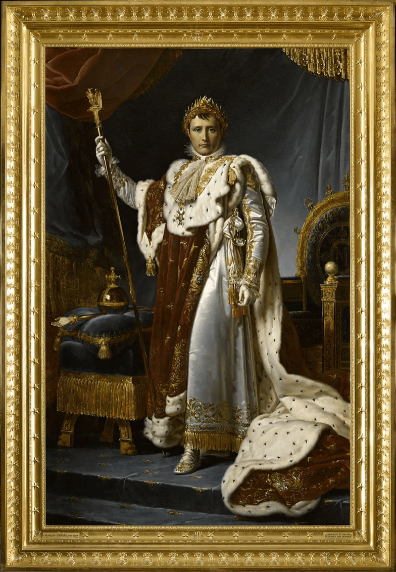 Napoléon en costume de sacre, robe de velours rouge sur une tunique de satin blanc brodée d'or, 1808, François Gérard - Rmn - Grand Palais (château de Versailles) / Franck Raux