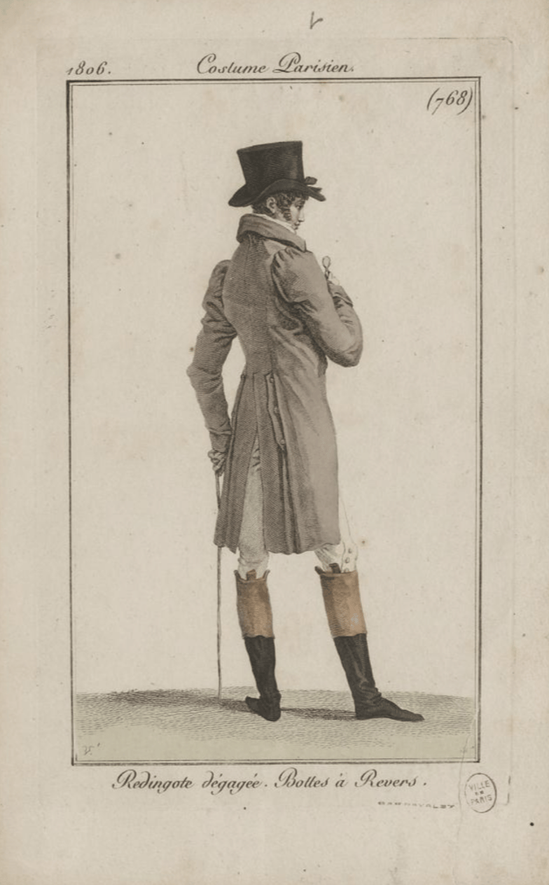 Costume Parisien / Redingote dégagée. Bottes à Revers. Par Pierre-Charles Baquoy, 1806. Crédits : Palais Galliera, musée de la Mode de la Ville de Paris