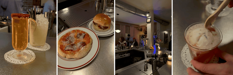 fortunela spritz (aquavit, aperol, cordial de kumquat maison, bière citra, servi dans une flûte salée au tajin) et cocktail au amaretto blanc, citron et sauge / pepperoni puffpizza (assez épaisse et pâte peu cuite) et burger d’aubergine panée / sour patch float (un cocktail sans alcool fait d’un soda maison au vinaigre de framboise, fleur de sureau et genmaicha, surmonté d’un sorbet citron fleur de sel et lavande)