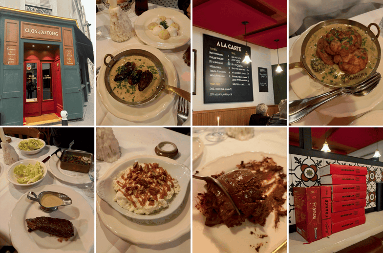 de gauche à droite et de haut en bas: devanture / morilles farcies et oeufs mayonnaise / le menu / rognons de veau / onglet de boeuf et sauce au bleu de bresse et en fond: gratin de ravioles à la truffe / riz au lait / mousse au chocolat / les guides michelin     