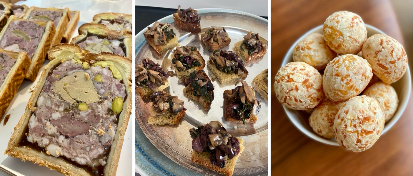 pâtés croute / toast olives, épinards, champi de moi / pão de quejo de raphaële marchal et alessandra montagne