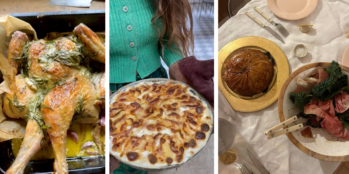 poulet crème et estragon de julius roberts / gratin dauphinois de alice moireau / tourte et salade d'hiver de moi