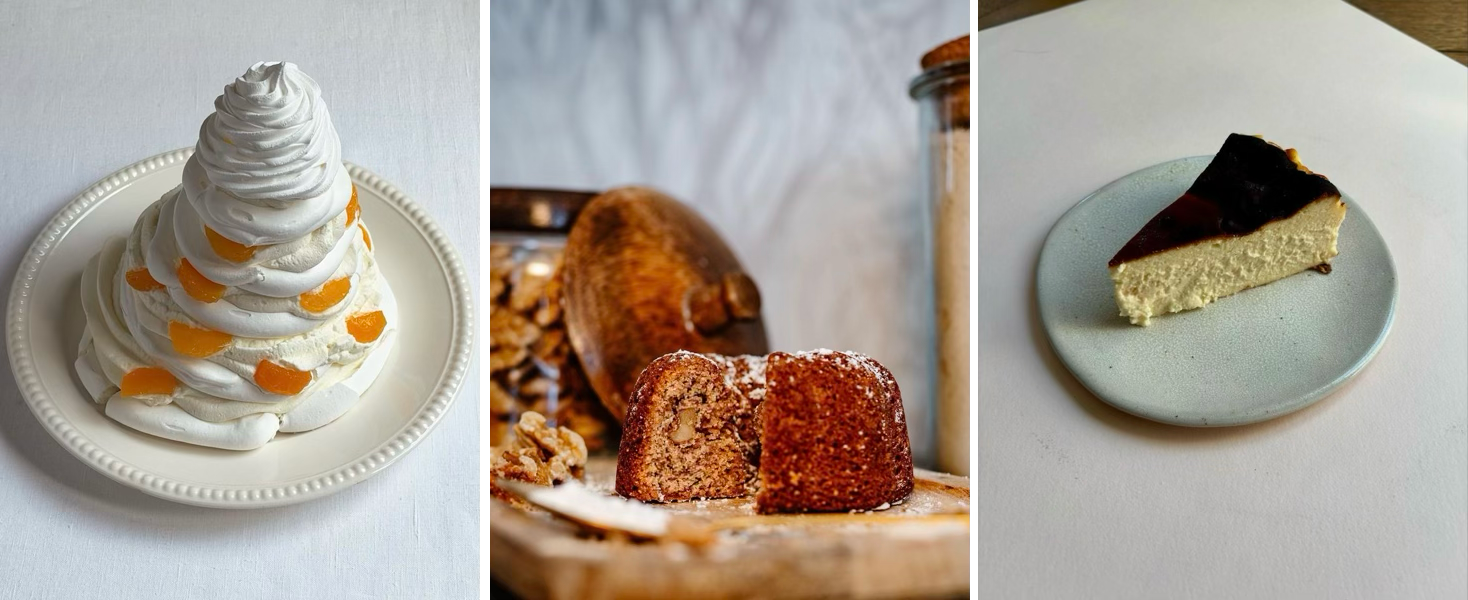 pavlova de zelikha dinga / moelleux chataignes et noix de castaneas / cheesecake basque de elvira masson