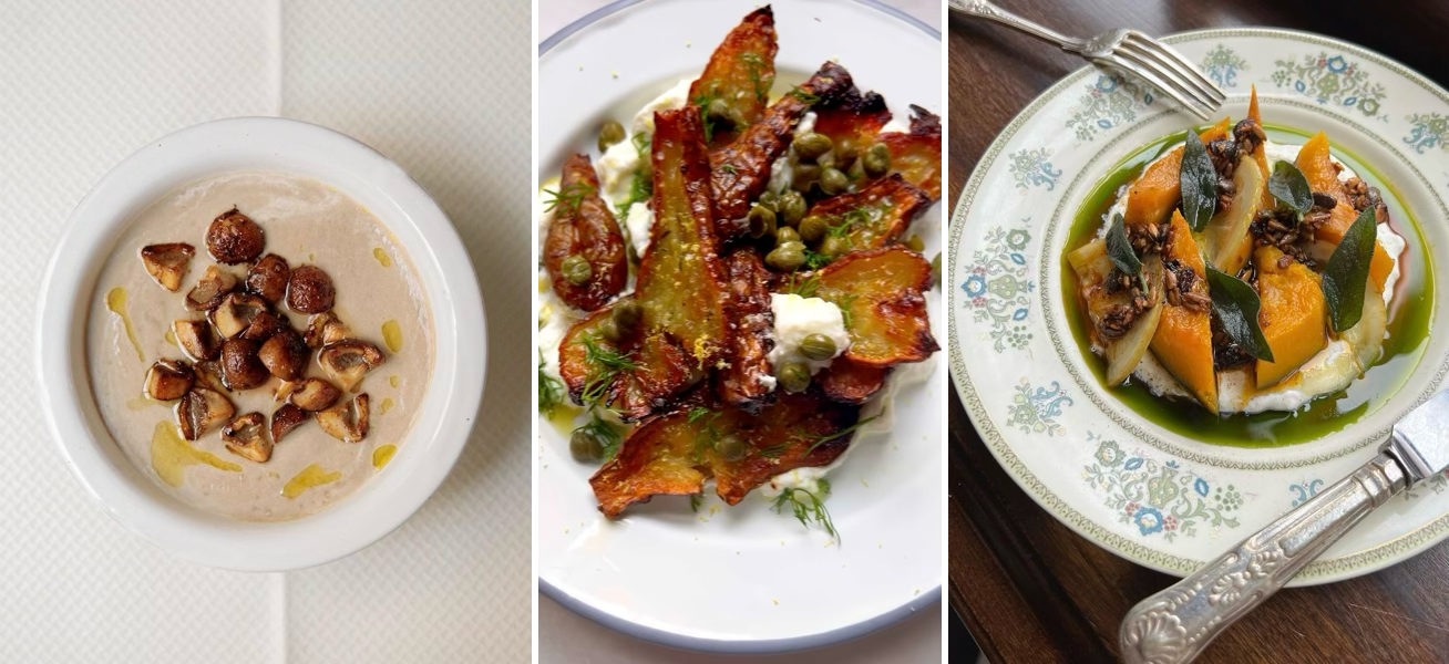 velouté champignons et chataignes de the social food / topinambours rôtis, ricotta, câpres de beth adamson / courge, sauge, labneh, citron confit de quality chop