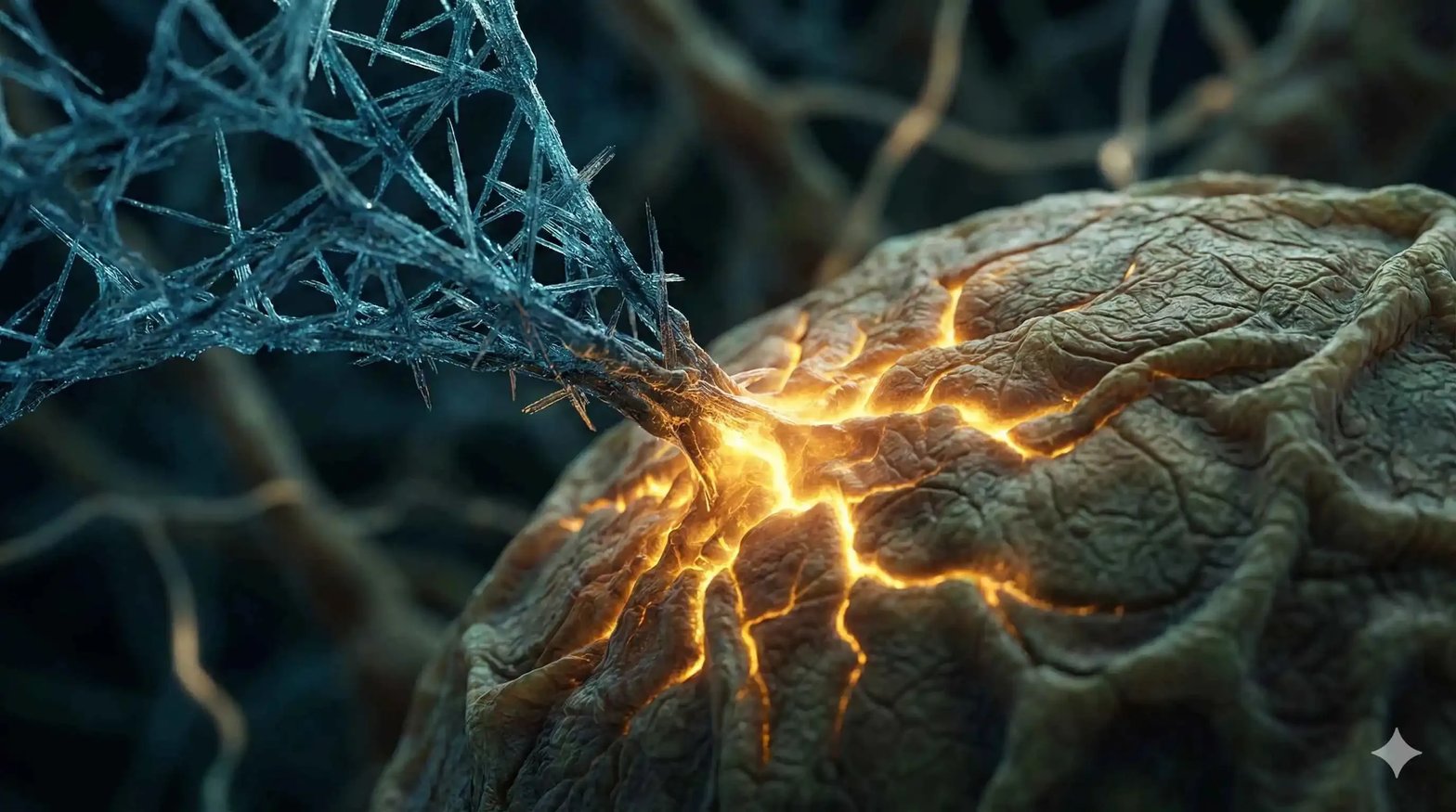 Visualisation artistique de l'hormèse : le signal du froid stimulant les mitochondries pour produire de l'énergie thermique.