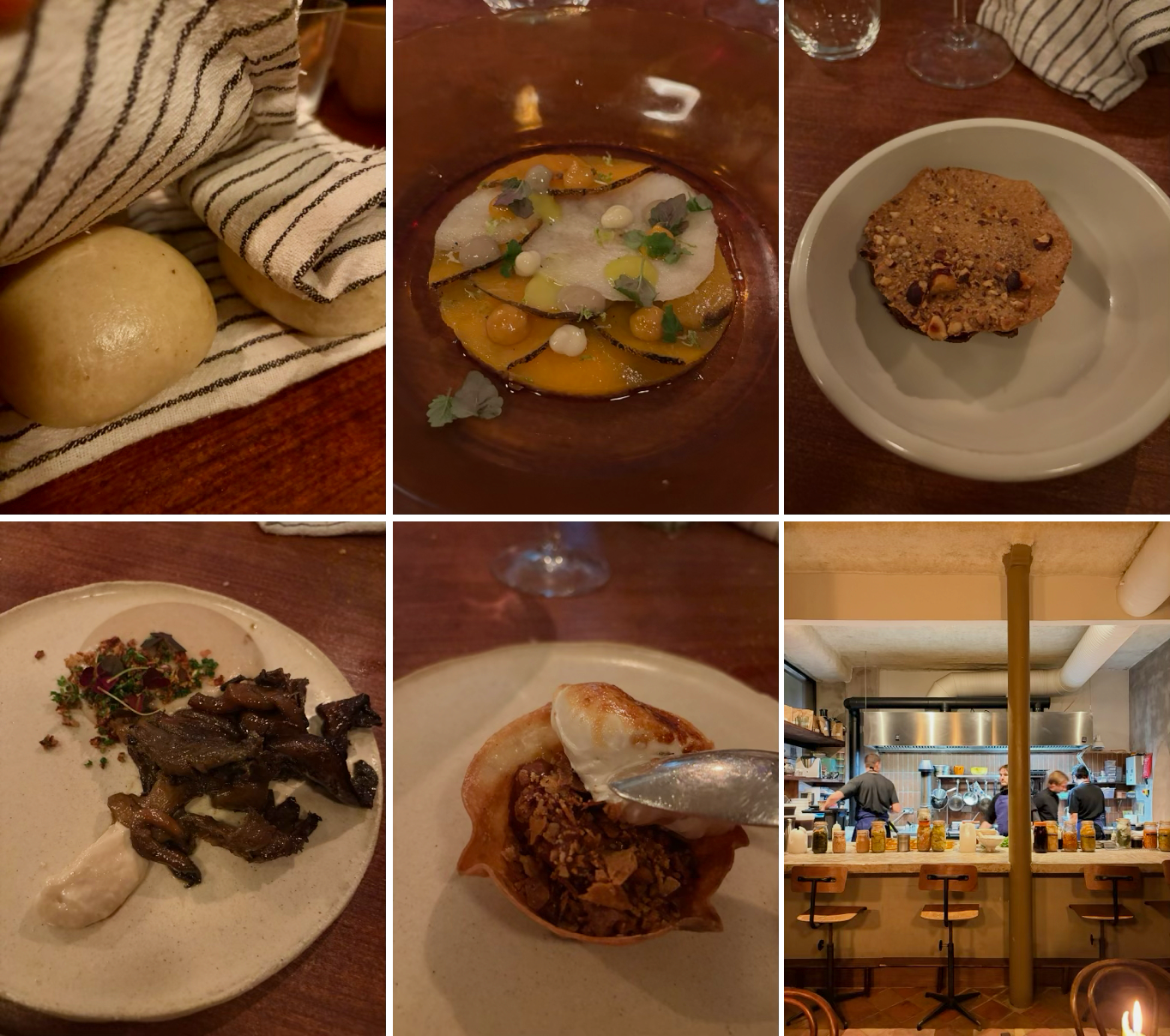 petit bao au poivre / butternut, poire, citron, jalapeno / pomme boulangère, noisette noire / pleurote au charbon, persil tubéreux, oxalis / ganache, gavotte, citron meyer, chamallow brûlé