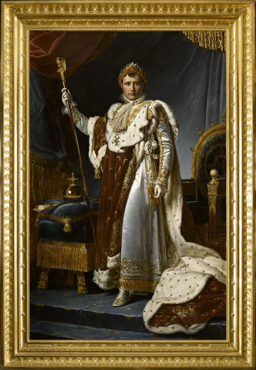 Napoléon en costume de sacre, robe de velours rouge sur une tunique de satin blanc brodée d'or, 1808, François Gérard - Rmn - Grand Palais (château de Versailles) / Franck Raux
