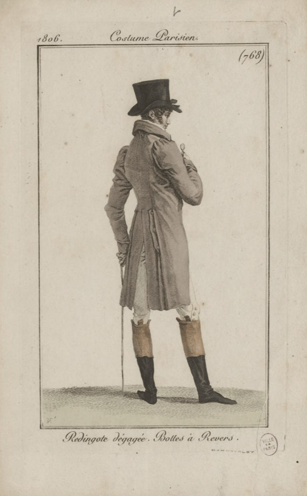 Costume Parisien / Redingote dégagée. Bottes à Revers. Par Pierre-Charles Baquoy, 1806. Crédits : Palais Galliera, musée de la Mode de la Ville de Paris