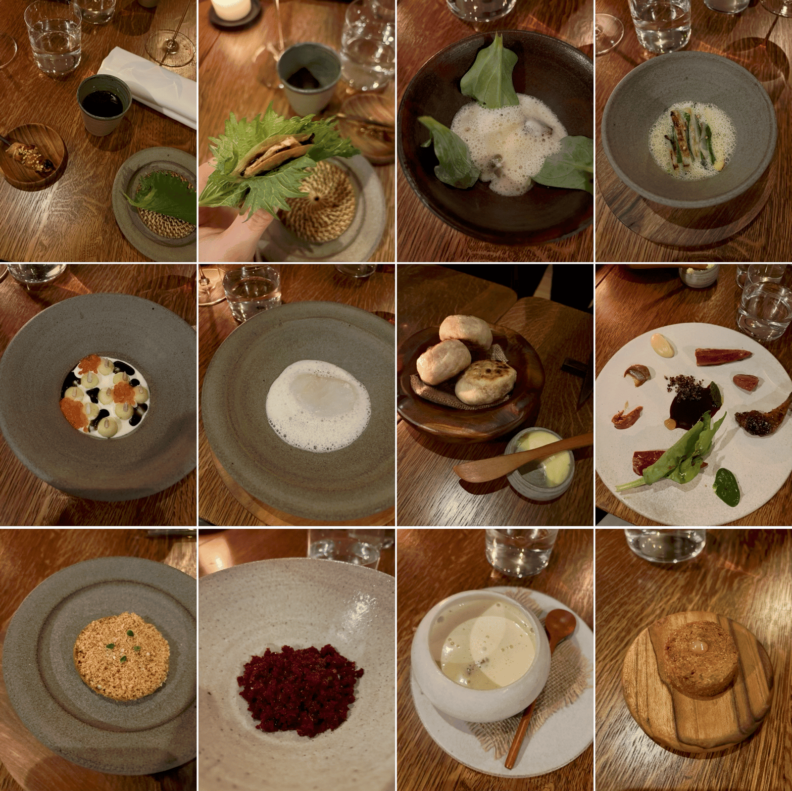 bouillon de champignon / aneth eryngii - lardo - physalis - pollen / shiso - ail noir - peau de poulet / chou rave - petit lait - poireaux - tagète / asperge blanche - ail des ours - coriandre / pomme - tournesol - foin - oeuf de truite / cabillaud - levure - lait fumé / pan criollo y manteca / pigeon : oseille - persil - chimichurri … / bleu d’auvergne - poire - noisette / betterave - livèche - yaourt / epautre - kombu