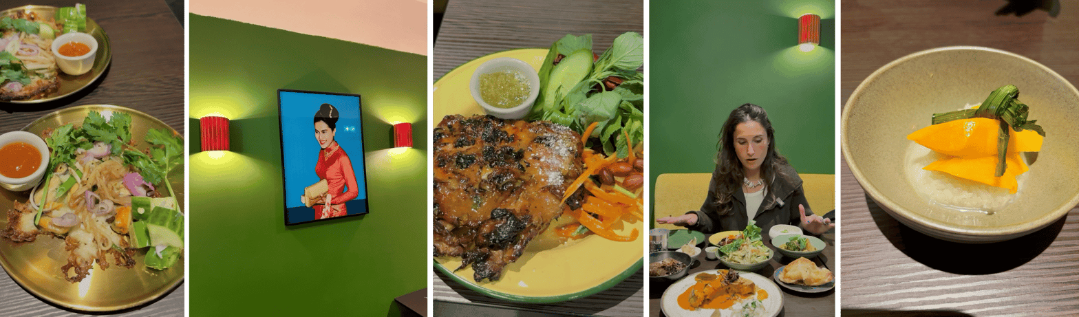 crêpe aux moules fumées / poulet au bbq / courge au tamarin / rôti / légumes fumés / mango sticky rice