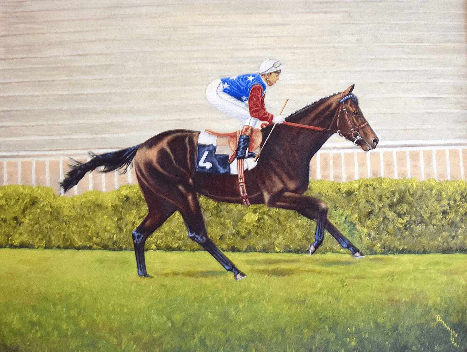 Casaque bleue, étoiles blanches, manches rouges et toque blanche, aux couleurs d'un propriétaire belge. ©Travail personnel d'Albert "Bob" Demuyser.