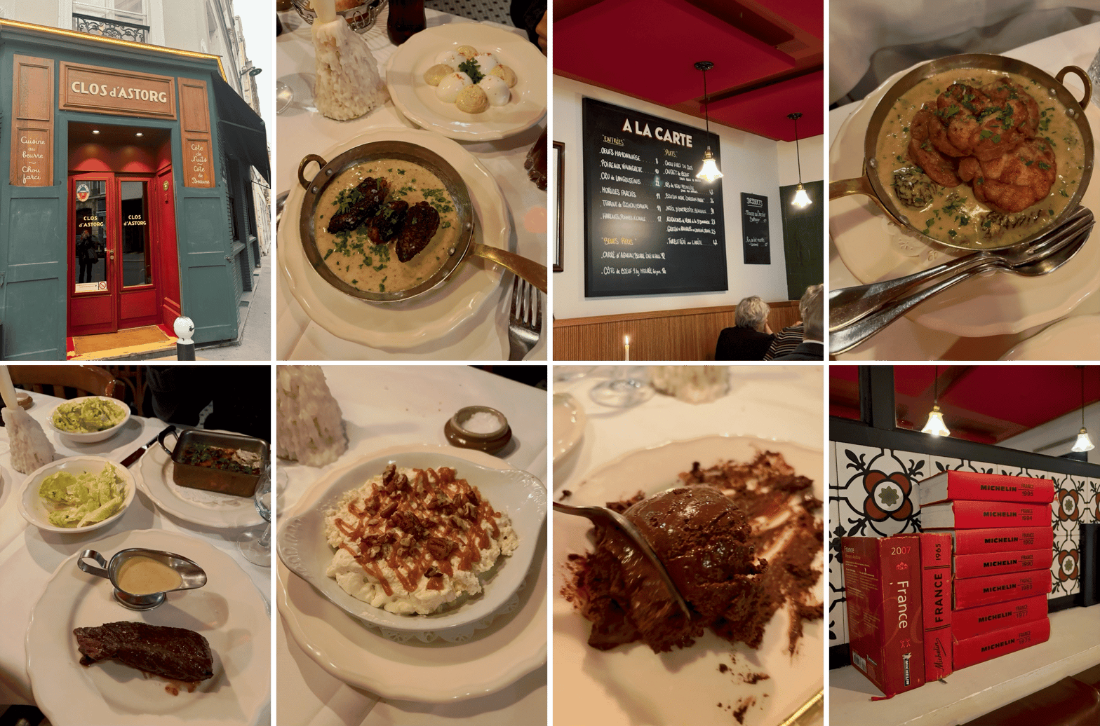 de gauche à droite et de haut en bas: devanture / morilles farcies et oeufs mayonnaise / le menu / rognons de veau / onglet de boeuf et sauce au bleu de bresse et en fond: gratin de ravioles à la truffe / riz au lait / mousse au chocolat / les guides michelin     