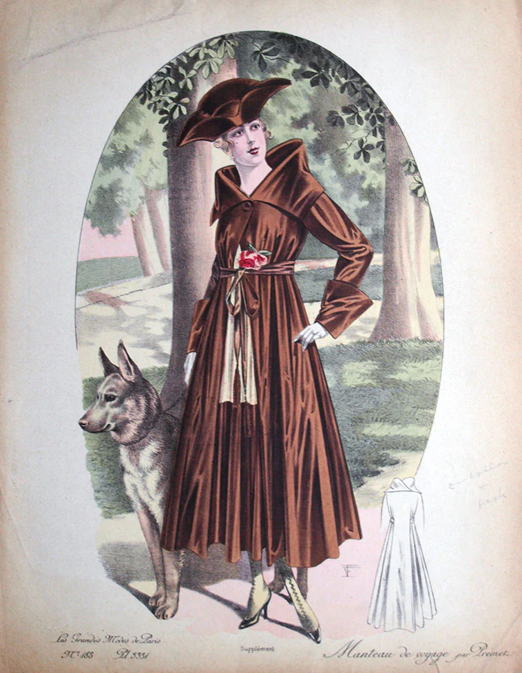 Gravure de mode représentant un manteau de voyage exécuté par la maison de couture Premet. Cette planche est parue dans le périodique Les Grandes Modes de Paris vers 1915-1916. ©Diktats