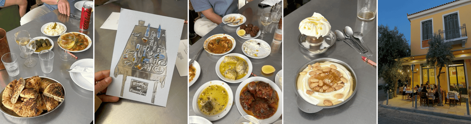 4 photos de gauche: déjeuner taverna x taverna oikonomou / photo de droite: taverna oikonomou en aout 2025 