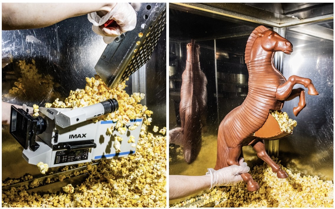 Une réplique en seau à pop-corn de la caméra IMAX de M. Nolan est vendue 50 $. Un cheval de Troie coûte 70 $. Crédit Emma Rose Milligan pour The New York Times