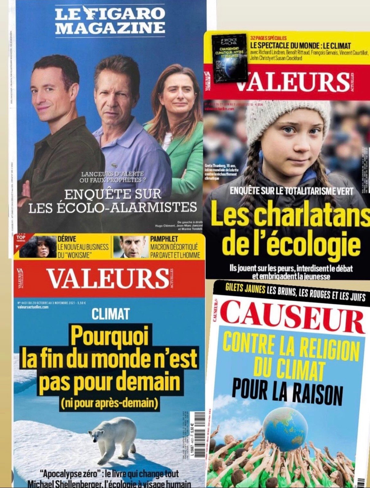 Le genre a sa presse. “Lanceurs d'alerte ou faux prophètes ?”, “Les charlatans de l'écologie”, “Contre la religion du climat” - et en couverture de Valeurs actuelles, dès 2019, mot pour mot la formule qui servira au Premier ministre en 2026 : “Ils jouent sur les peurs”.
