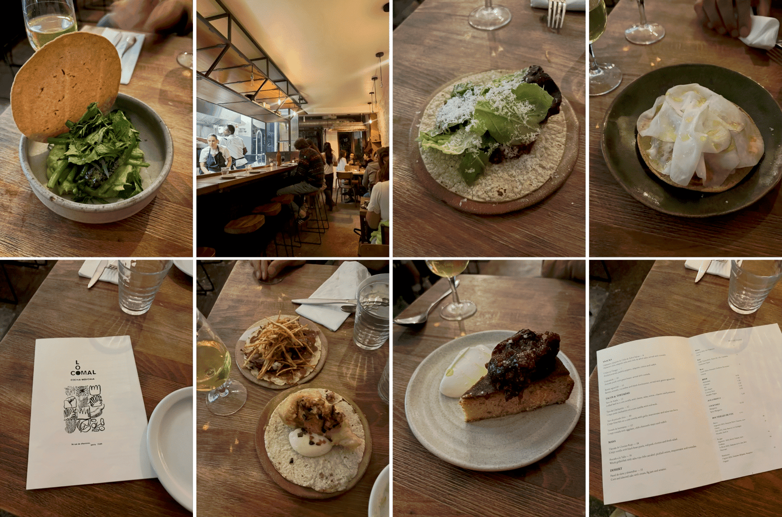 en anglais comme c'était écrit sur le menu (de gauche à droite et de haut en bas): guacamole (avocado purée with green beans served with tostada) / la petite cuisine, comptoir ouvert  / taco de chicharrón (crispy pork chicharrón on a corn tortilla with red mole) / tostada de pulpo (crispy tostada with octopus, chile chintextle mayo and radish) / good branding / taco de pescado frito (crispy fried fish on a corn tortilla with garlic mayonnaise and salsa ranchera) et taco de asada (grilled beef on a corn tortilla with cheese, salsa, onion, cilantro and potatoes) / pastel de elote y almendras (corn and almond cake with cream, fig jam and sesame)