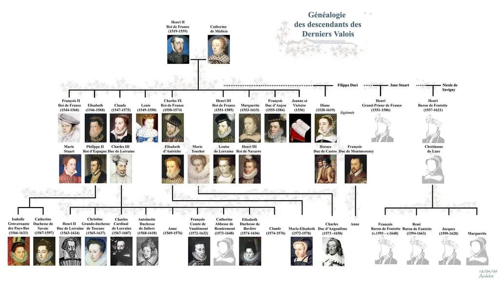 Généalogie simplifiée de la descendance de Catherine de Médicis et d'Henri II roi de France, PHOTOGRAPHIE DE ANDELOT.